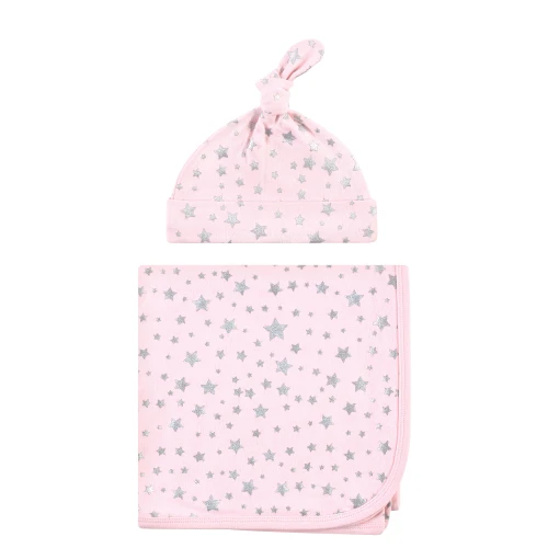 Hudson Baby Swaddle Blanket and Cap or Headband, Silver Pink Star