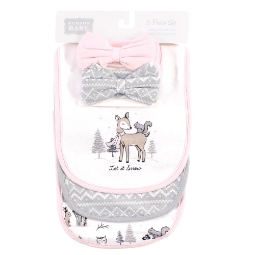 Hudson Baby Cotton Bib and Headband or Caps Set, Winter Forest