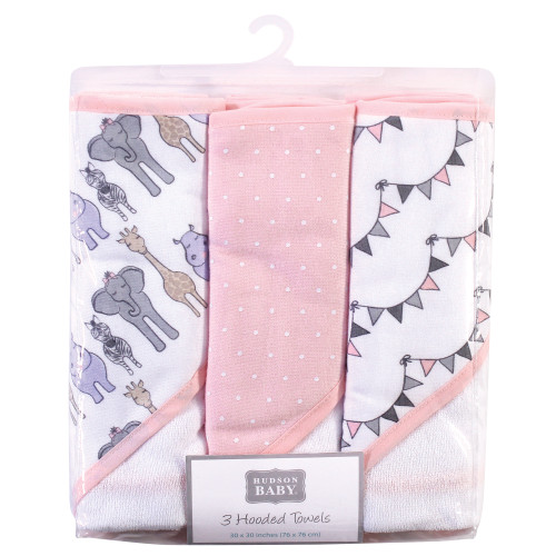Hudson Baby Cotton Rich Hooded Towels, Pink Safari