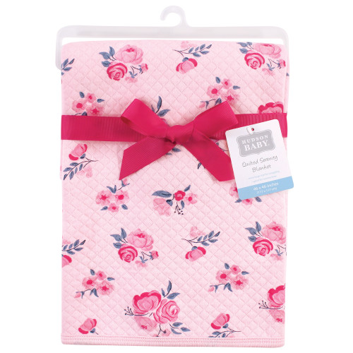 Hudson Baby Quilted Multi-Purpose Swaddle, Receiving, Stroller Blanket, Pink Navy Floral 1-Pack