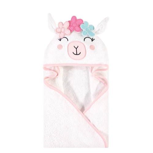 Hudson Baby Cotton Animal Face Hooded Towel, Flower Llama