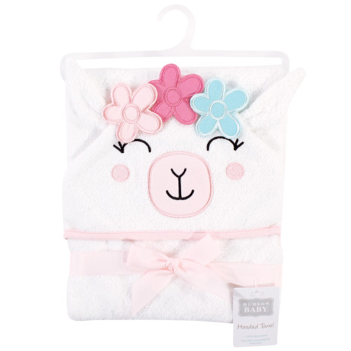 Hudson Baby Cotton Animal Face Hooded Towel, Flower Llama