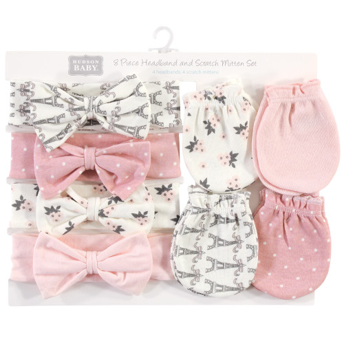 Hudson Baby Cotton Headband and Scratch Mitten Set, Paris