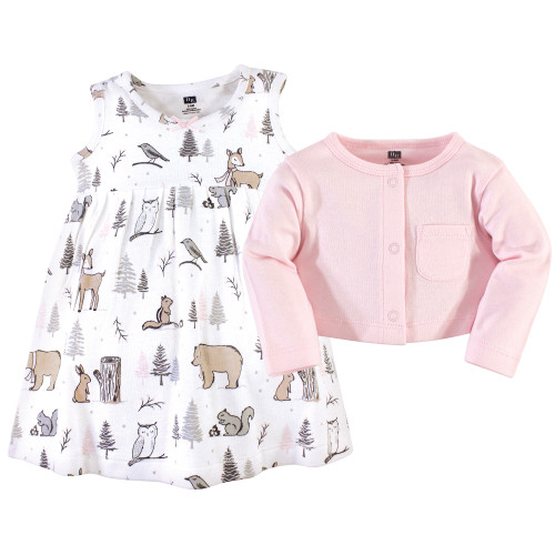 Hudson Baby Cotton Dress and Cardigan Set, Winter Forest