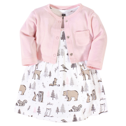 Hudson Baby Cotton Dress and Cardigan Set, Winter Forest