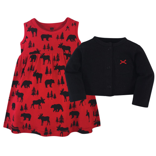 Hudson Baby Cotton Dress and Cardigan Set, Red Moose Bear