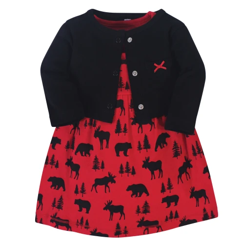 Hudson Baby Cotton Dress and Cardigan Set, Red Moose Bear