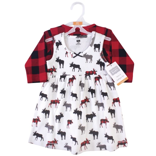 Hudson Baby Cotton Dress and Cardigan Set, Buffalo Plaid Moose