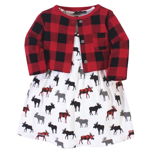 Hudson Baby Cotton Dress and Cardigan Set, Buffalo Plaid Moose