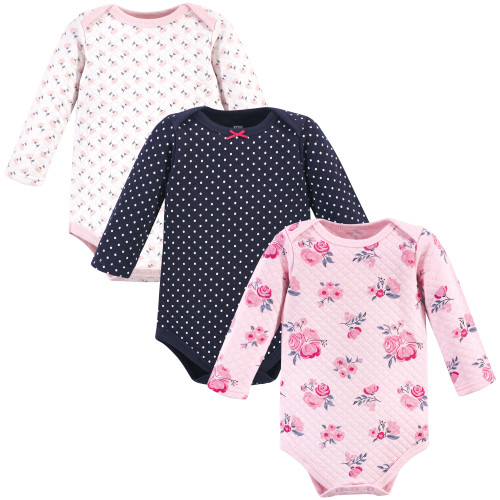 Hudson Baby Quilted Long Sleeve Cotton Bodysuits, Pink Navy Floral