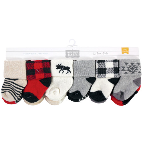 Hudson Baby Cotton Rich Newborn and Terry Socks, Buffalo Plaid Moose