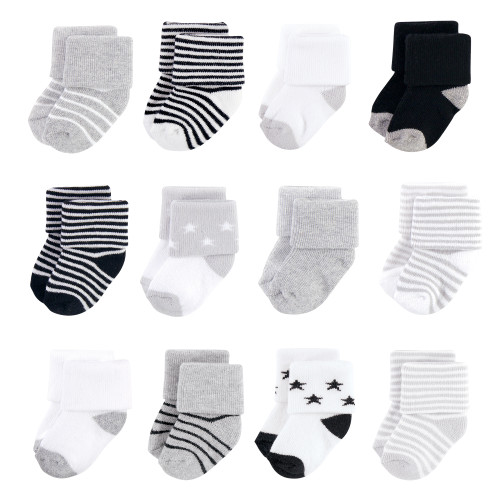 Hudson Baby Cotton Rich Newborn and Terry Socks, Gray Black Stars