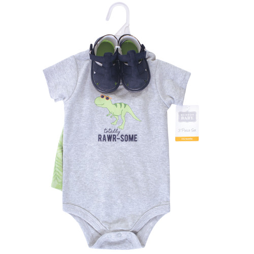 Hudson Baby Cotton Bodysuit, Shorts and Shoe Set, Rawr-Some Dino