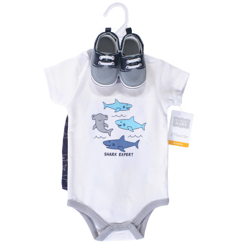 Hudson Baby Cotton Bodysuit, Shorts and Shoe Set, Shark Expert
