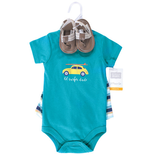 Hudson Baby Cotton Bodysuit, Shorts and Shoe Set, Surfer Dude