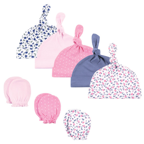Hudson Baby Cotton Cap and Scratch Mitten Set, Blue Pink Floral 8-Pack