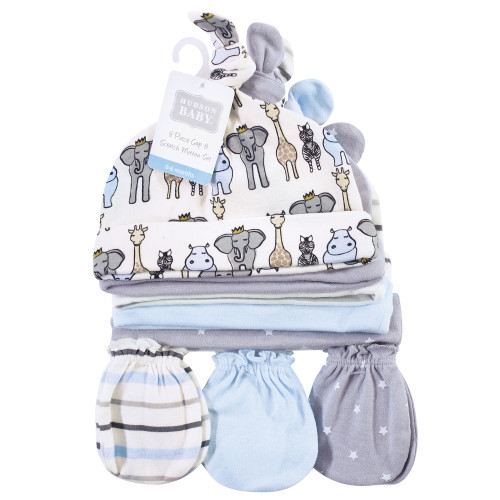 Hudson Baby Cotton Cap and Scratch Mitten Set, Royal Safari