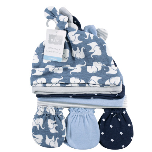 Hudson Baby Cotton Cap and Scratch Mitten Set, Blue Elephant