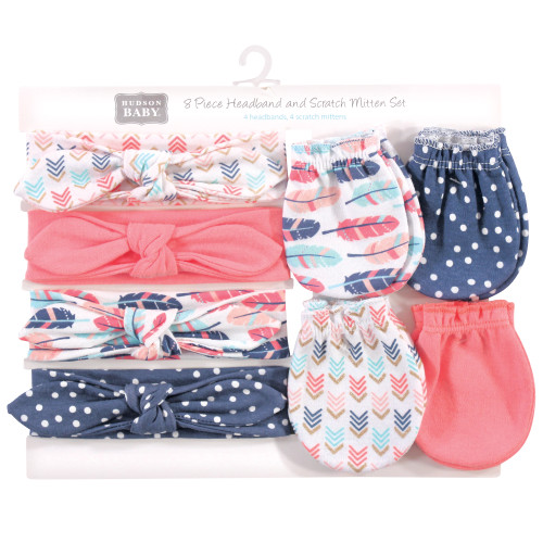 Hudson Baby Cotton Headband and Scratch Mitten Set, Feathers