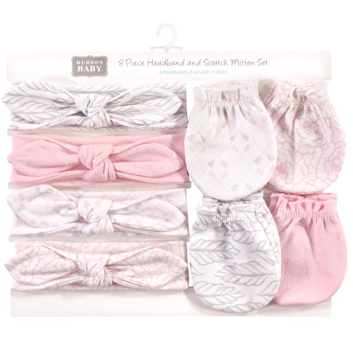 Hudson Baby Cotton Headband and Scratch Mitten Set, Gray Feather