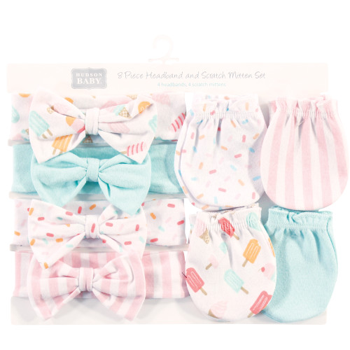 Hudson Baby Cotton Headband and Scratch Mitten Set, Ice Cream