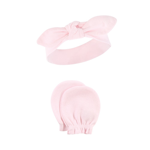 Hudson Baby Cotton Headband and Scratch Mitten Set, Lace Medallion