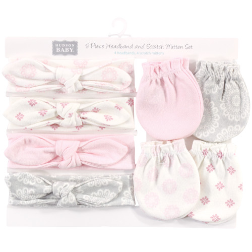 Hudson Baby Cotton Headband and Scratch Mitten Set, Lace Medallion
