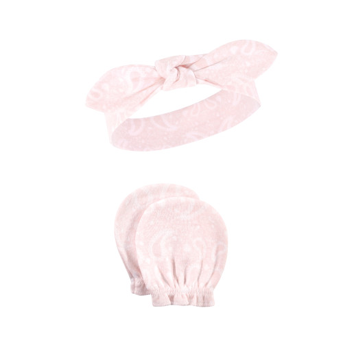 Hudson Baby Cotton Headband and Scratch Mitten Set, Pink Bandana