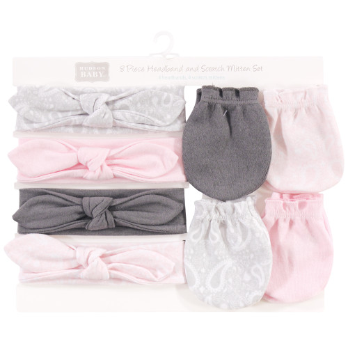 Hudson Baby Cotton Headband and Scratch Mitten Set, Pink Bandana