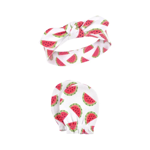 Hudson Baby Cotton Headband and Scratch Mitten Set, Watermelon