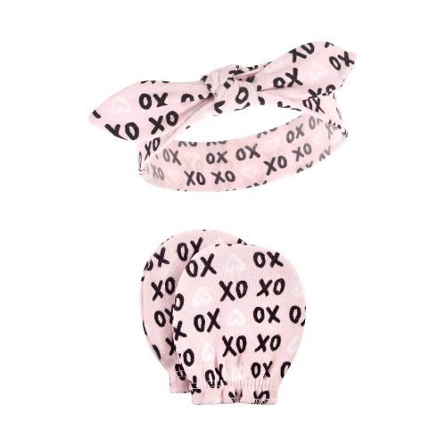 Hudson Baby Cotton Headband and Scratch Mitten Set, Black Xoxo