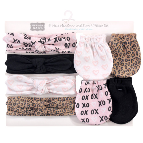 Hudson Baby Cotton Headband and Scratch Mitten Set, Black Xoxo