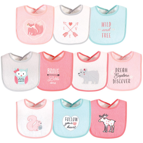 Hudson Baby Cotton Terry Drooler Bibs with Fiber Filling, Girl Woodland