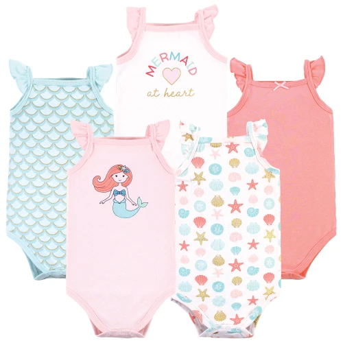 Hudson Baby Cotton Sleeveless Bodysuits, Coral Mint Mermaid