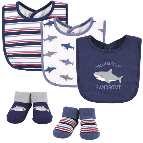 Hudson Baby Cotton Bib and Sock Set, Handsome Shark