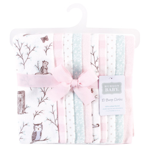 Hudson Baby Cotton Flannel Burp Cloths, Pink Enchanted Forest