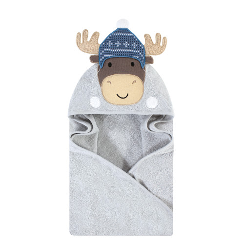 Hudson Baby Cotton Animal Face Hooded Towel, Winter Moose