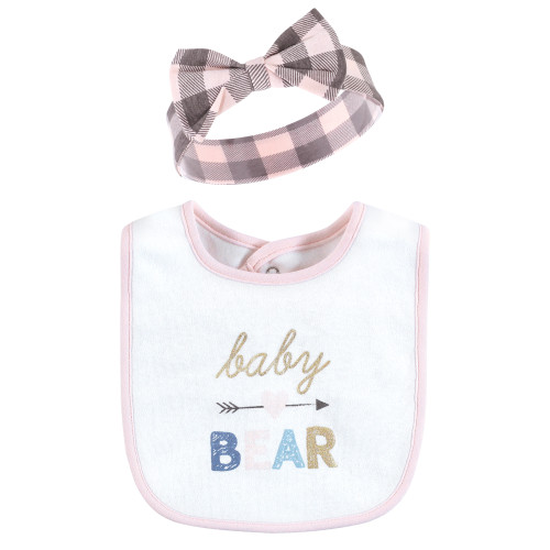 Hudson Baby Cotton Bib and Headband or Caps Set, Girl Baby Bear