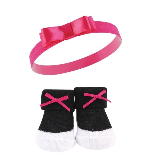 Hudson Baby Headband and Socks Giftset, Dark Pink Black 10-Pack
