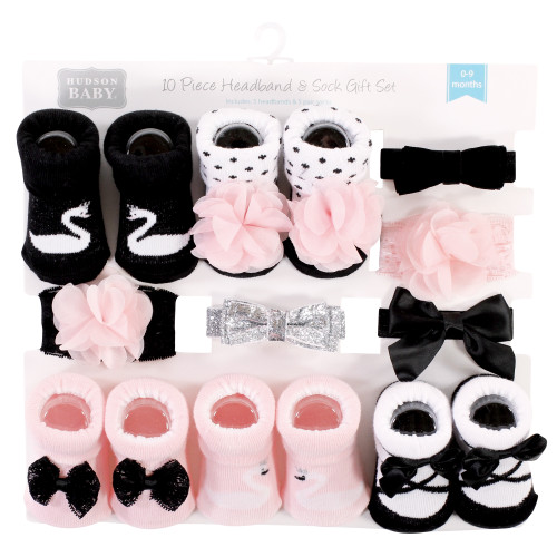 Hudson Baby Headband and Socks Giftset, Swan 10-Pack