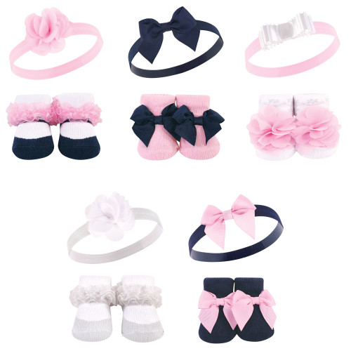 Hudson Baby Headband and Socks Giftset, Navy White 10-Pack