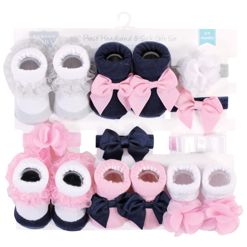 Hudson Baby Headband and Socks Giftset, Navy White 10-Pack