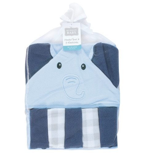 Hudson Baby Hooded Towel and Five Washcloths, Navy Blue Elephant