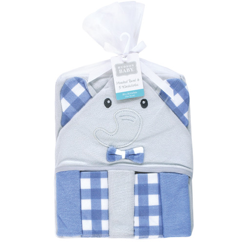 Hudson Baby Hooded Towel and Five Washcloths, Gingham Elephant