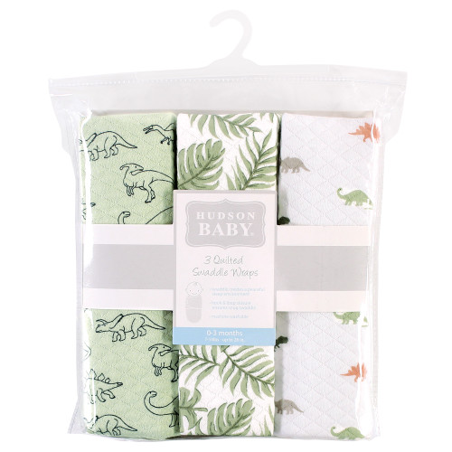 Hudson Baby Quilted Cotton Swaddle Wrap 3pk, Dinosaur