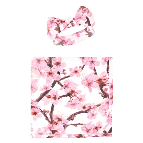Touched by Nature Organic Cotton Swaddle Blanket and Headband or Cap, Cherry Blossom
