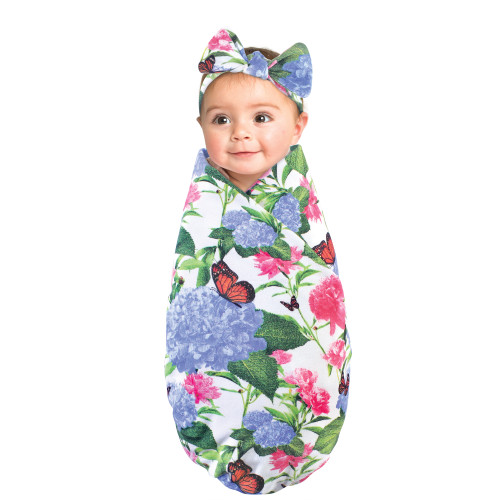 Touched by Nature Organic Cotton Swaddle Blanket and Headband or Cap, Hydrangea Monarch