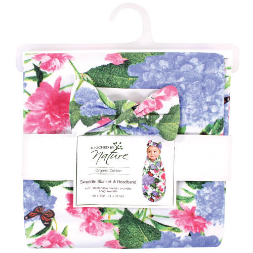 Touched by Nature Organic Cotton Swaddle Blanket and Headband or Cap, Hydrangea Monarch