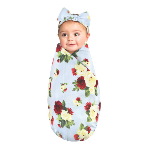 Touched by Nature Organic Cotton Swaddle Blanket and Headband or Cap, Rose Mum