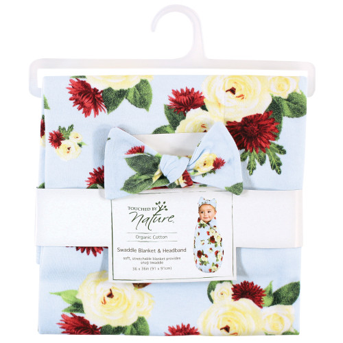 Touched by Nature Organic Cotton Swaddle Blanket and Headband or Cap, Rose Mum